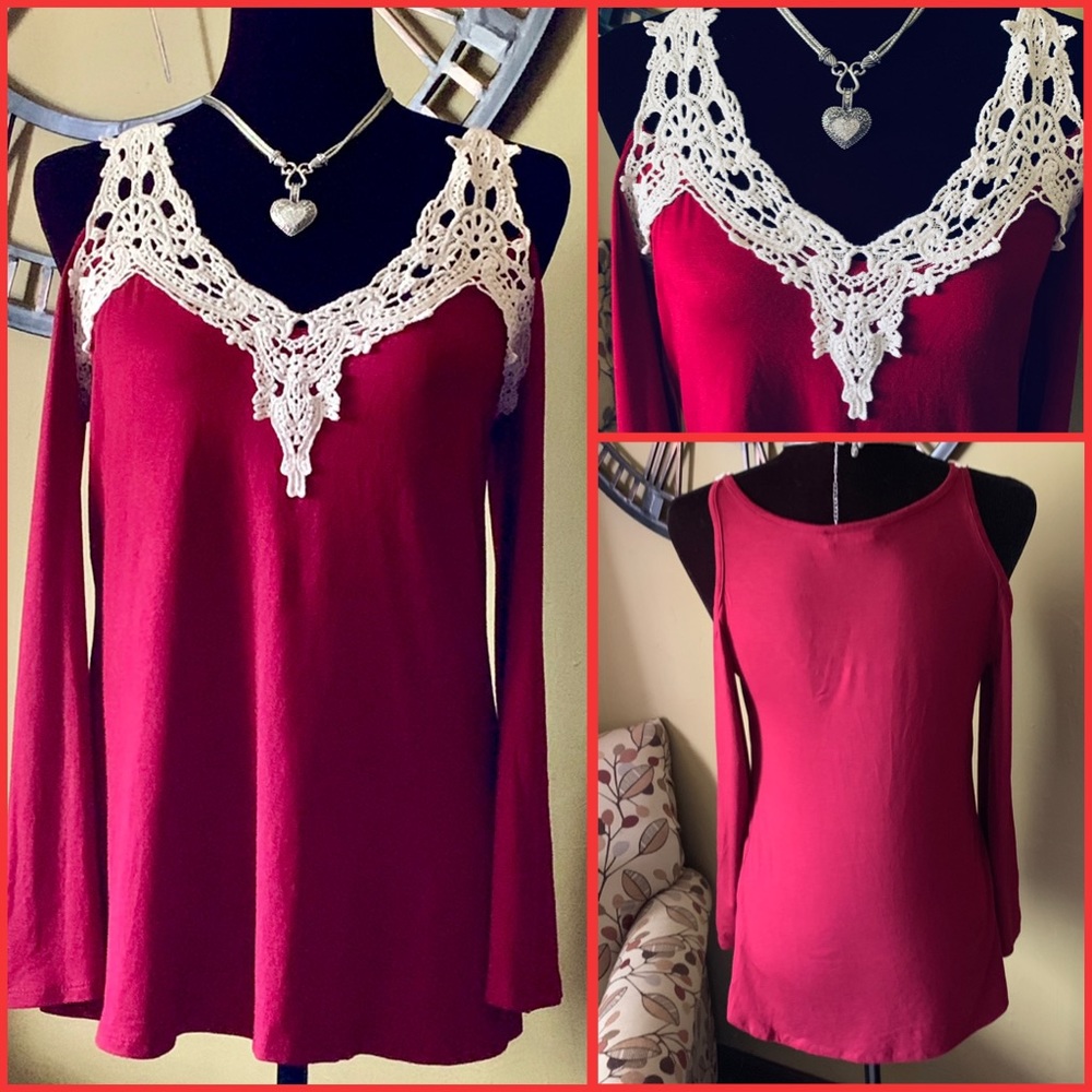Red Crochet Bell Sleeve Cold Shoulder Top